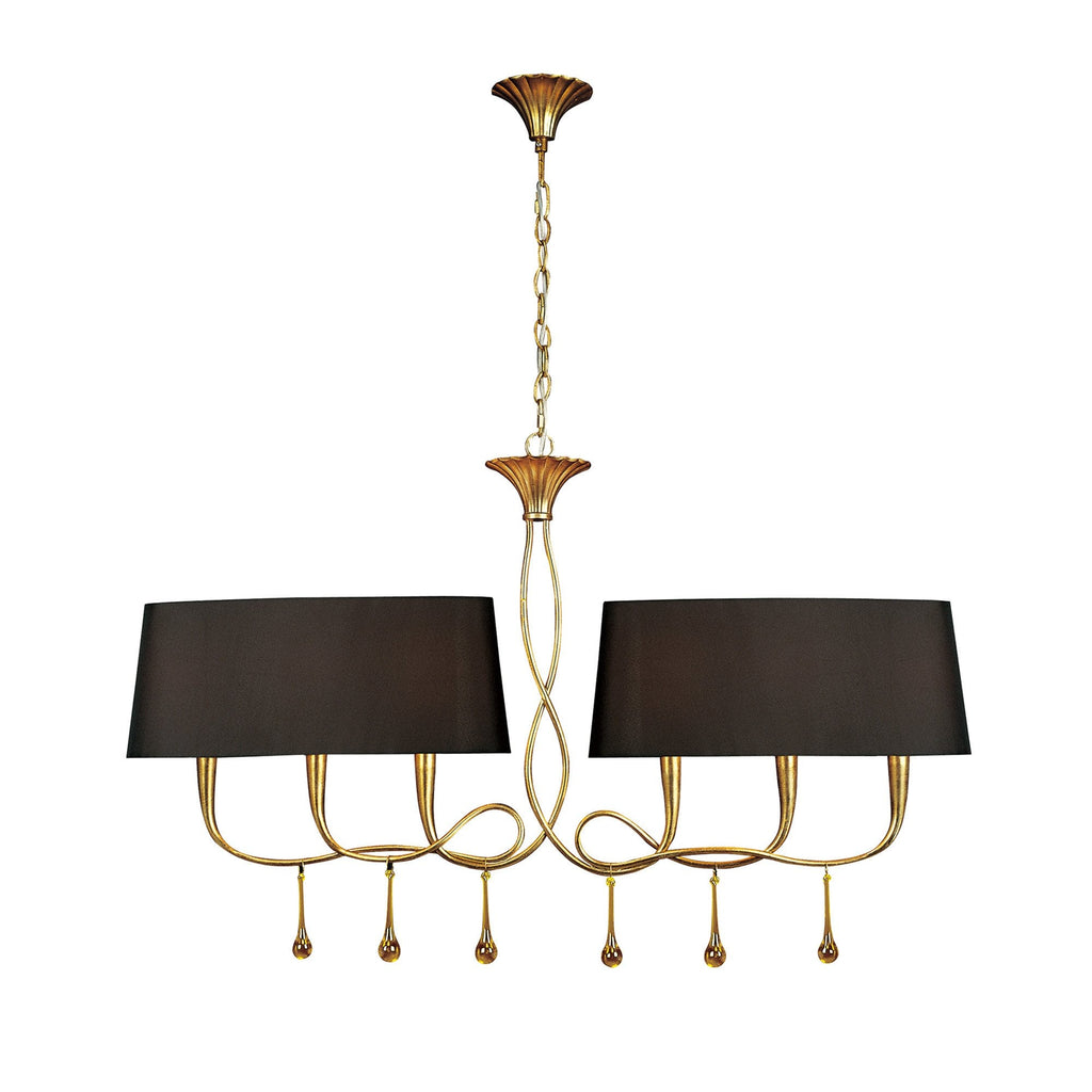 M0541/BS Paola Linear Pendant 2 Arm 6 Light E14 Gold Painted Black Shades & Amber Glass Droplets