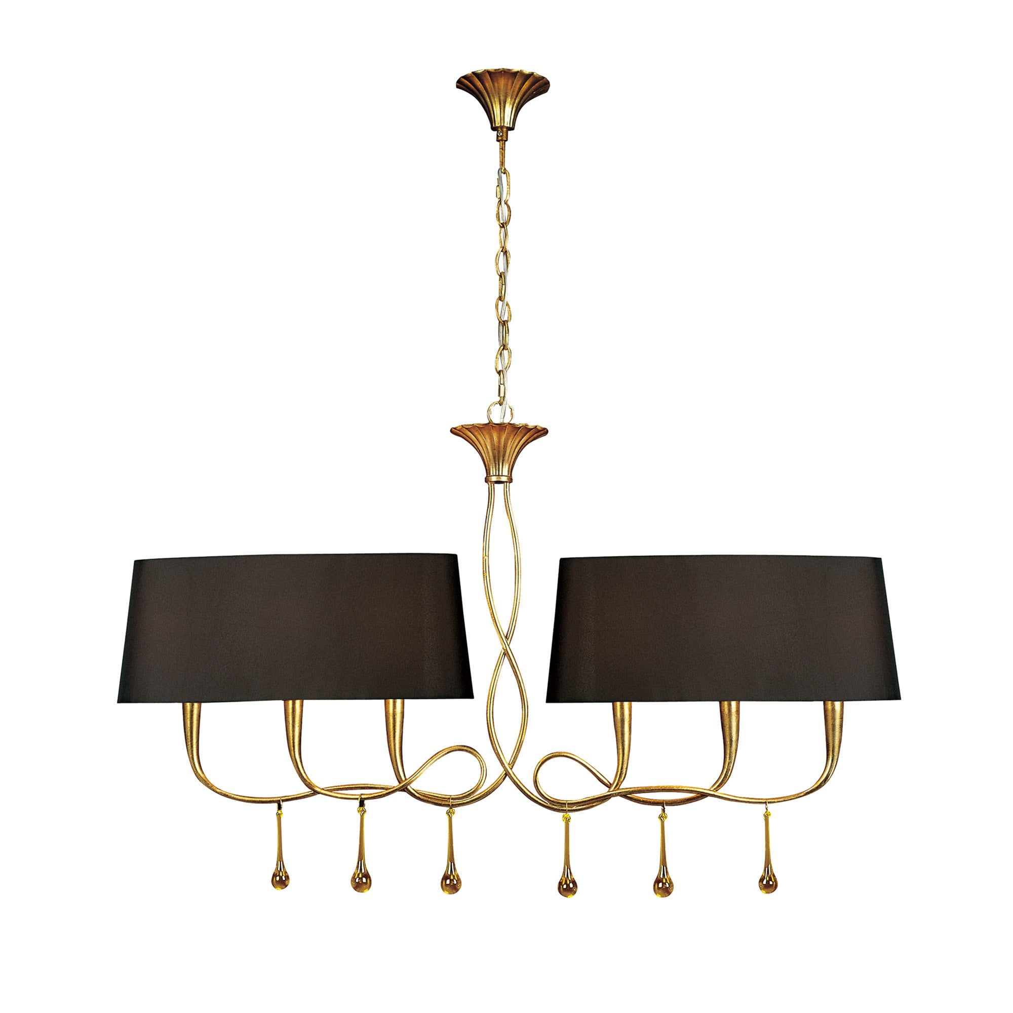 M0541/BS Paola Linear Pendant 2 Arm 6 Light E14 Gold Painted Black Shades & Amber Glass Droplets