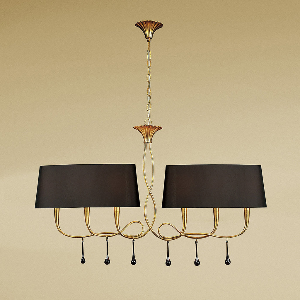 M0541/BS Paola Linear Pendant 2 Arm 6 Light E14 Gold Painted Black Shades & Amber Glass Droplets