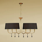M0541/BS Paola Linear Pendant 2 Arm 6 Light E14 Gold Painted Black Shades & Amber Glass Droplets