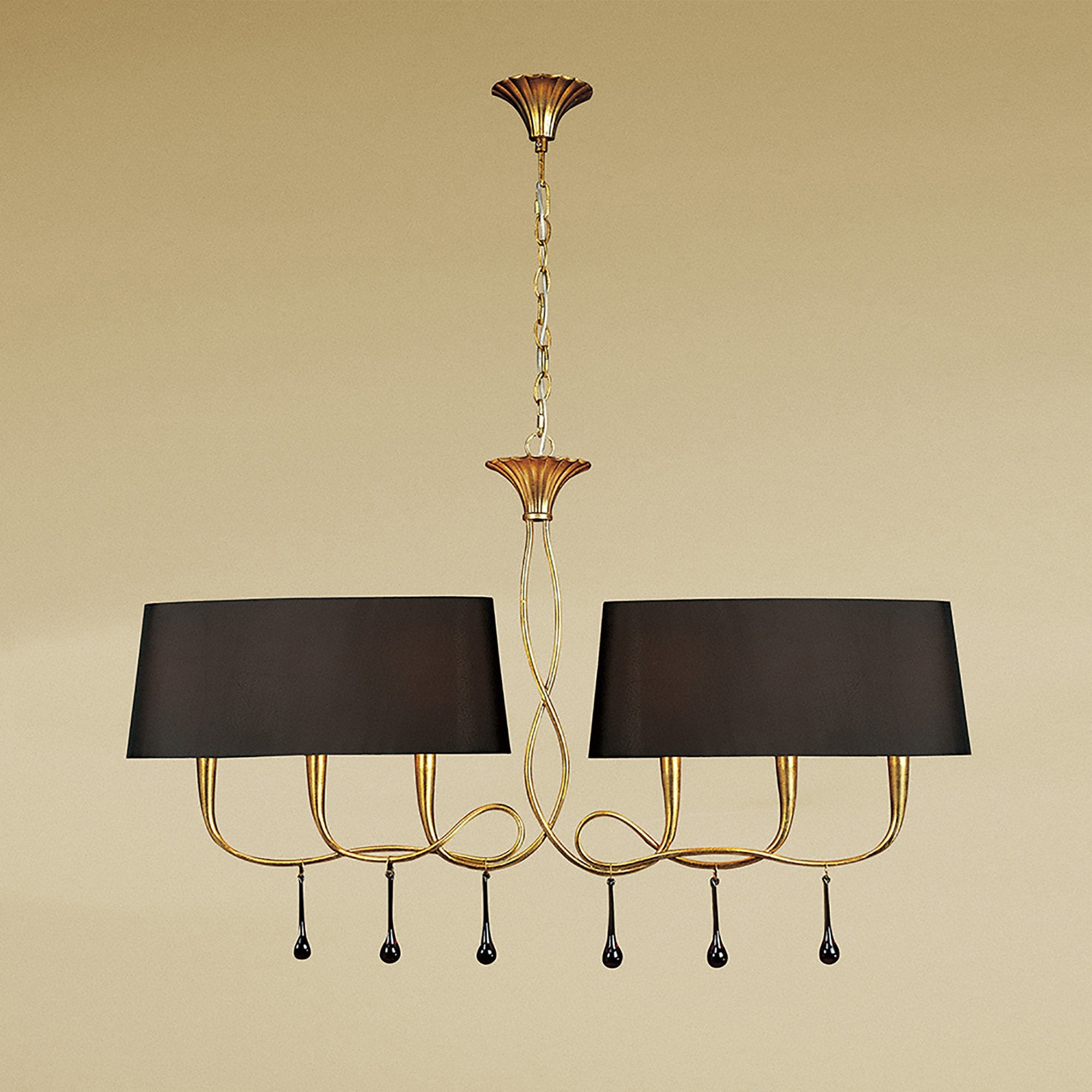 M0541/BS Paola Linear Pendant 2 Arm 6 Light E14 Gold Painted Black Shades & Amber Glass Droplets