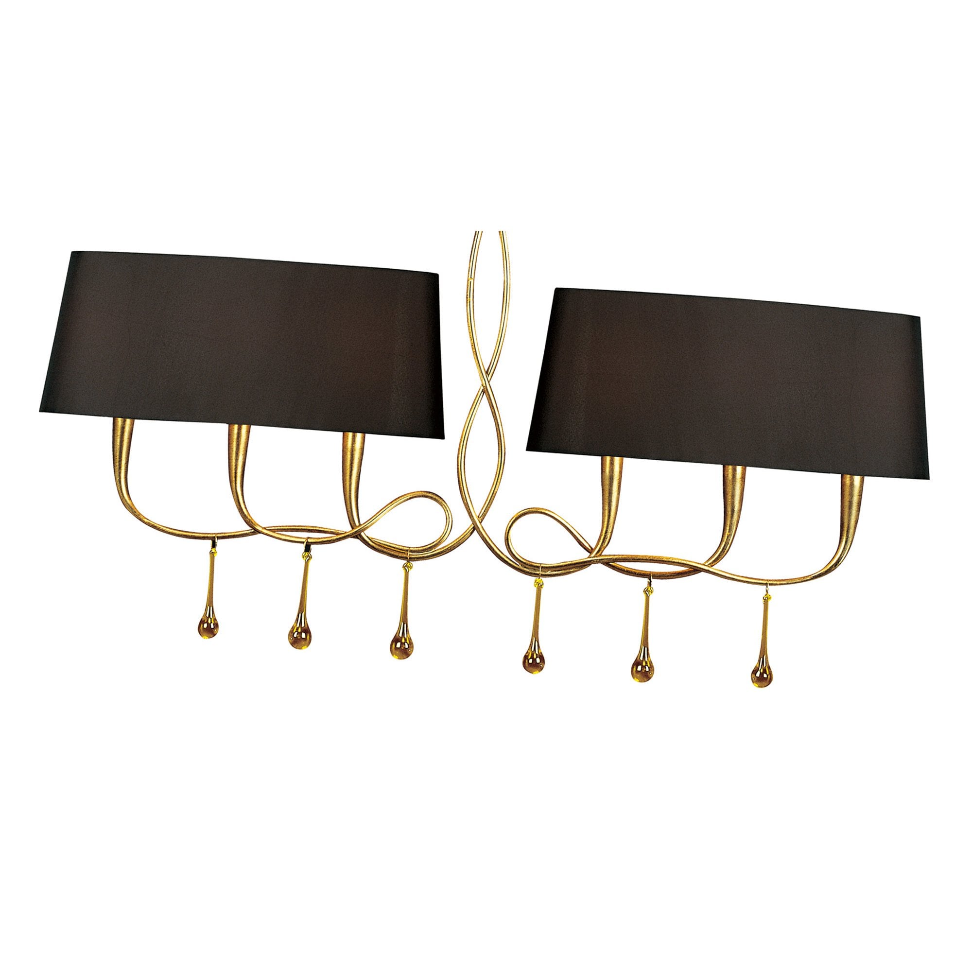M0541/BS Paola Linear Pendant 2 Arm 6 Light E14 Gold Painted Black Shades & Amber Glass Droplets