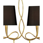 M0541/BS Paola Linear Pendant 2 Arm 6 Light E14 Gold Painted Black Shades & Amber Glass Droplets
