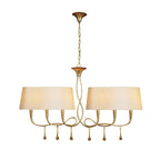 M0541 Paola Linear Pendant 2 Arm 6 Light E14 Gold Painted Cream Shades & Amber Glass Droplets