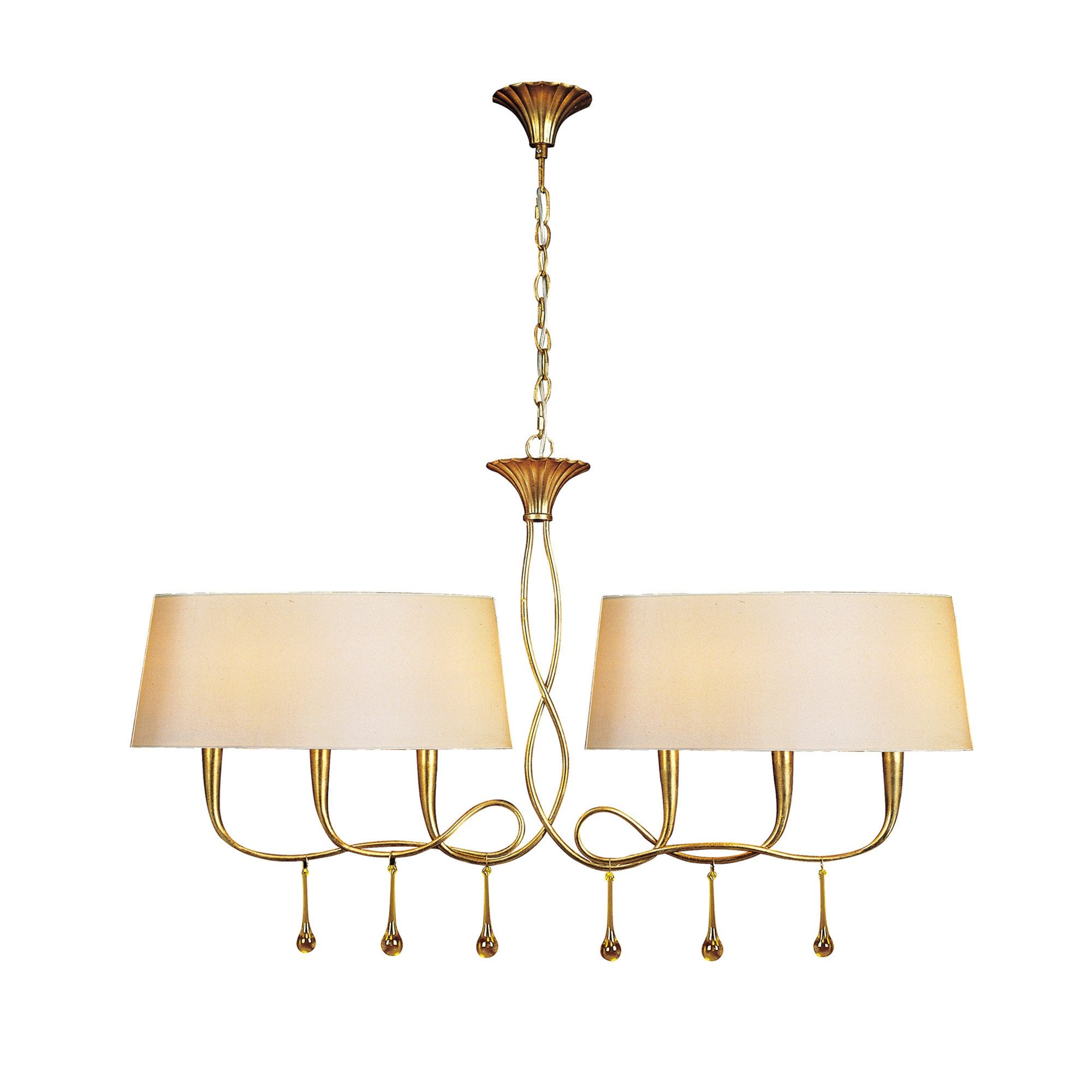 M0541 Paola Linear Pendant 2 Arm 6 Light E14 Gold Painted Cream Shades & Amber Glass Droplets