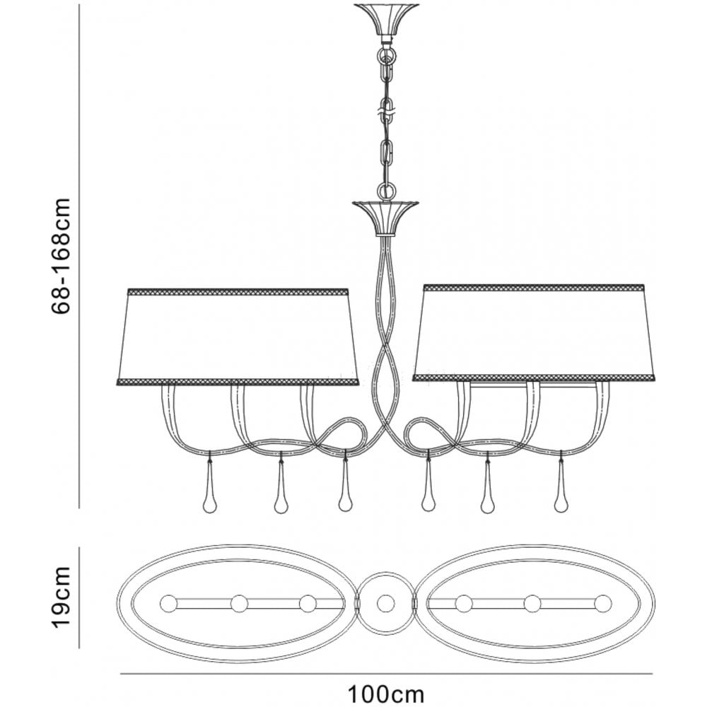M0541 Paola Linear Pendant 2 Arm 6 Light E14 Gold Painted Cream Shades & Amber Glass Droplets