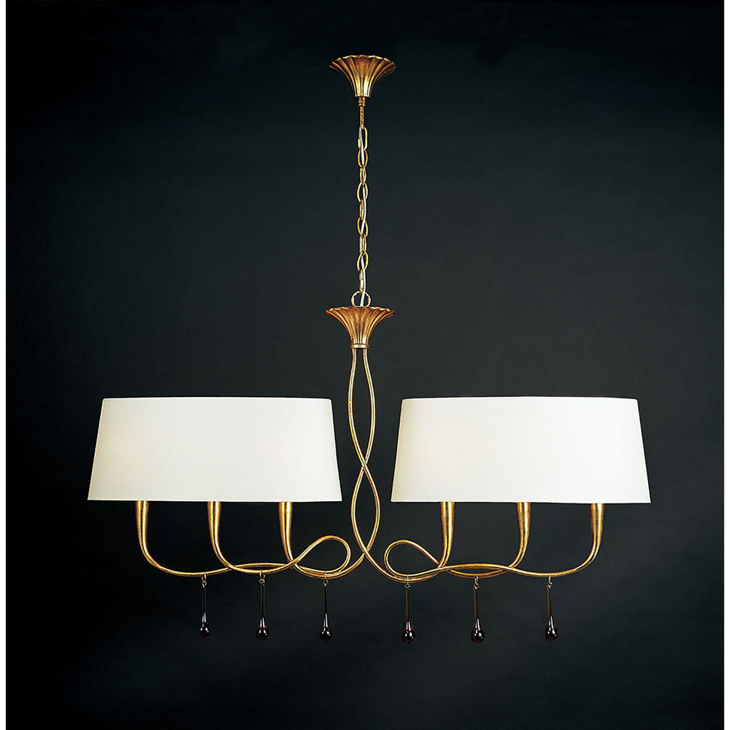 M0541 Paola Linear Pendant 2 Arm 6 Light E14 Gold Painted Cream Shades & Amber Glass Droplets