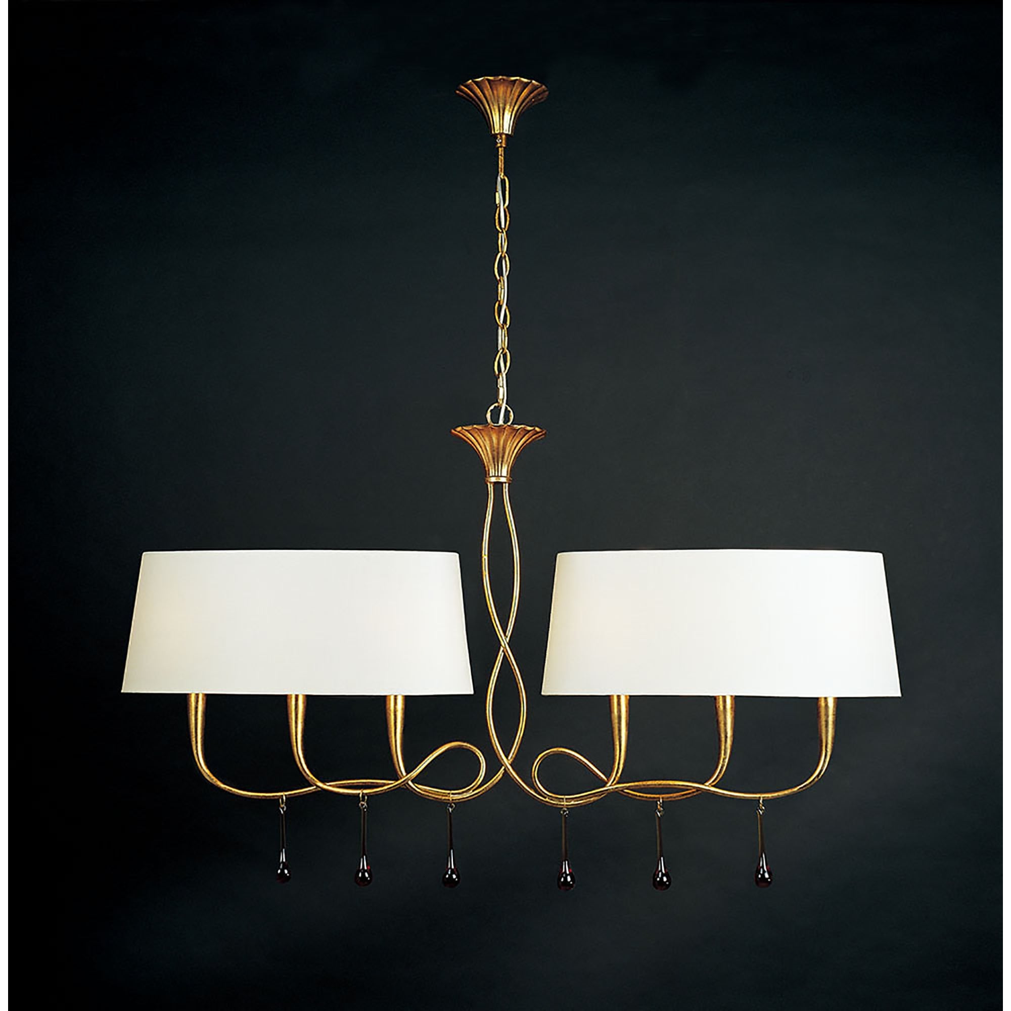 M0541 Paola Linear Pendant 2 Arm 6 Light E14 Gold Painted Cream Shades & Amber Glass Droplets