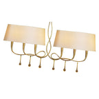 M0541 Paola Linear Pendant 2 Arm 6 Light E14 Gold Painted Cream Shades & Amber Glass Droplets