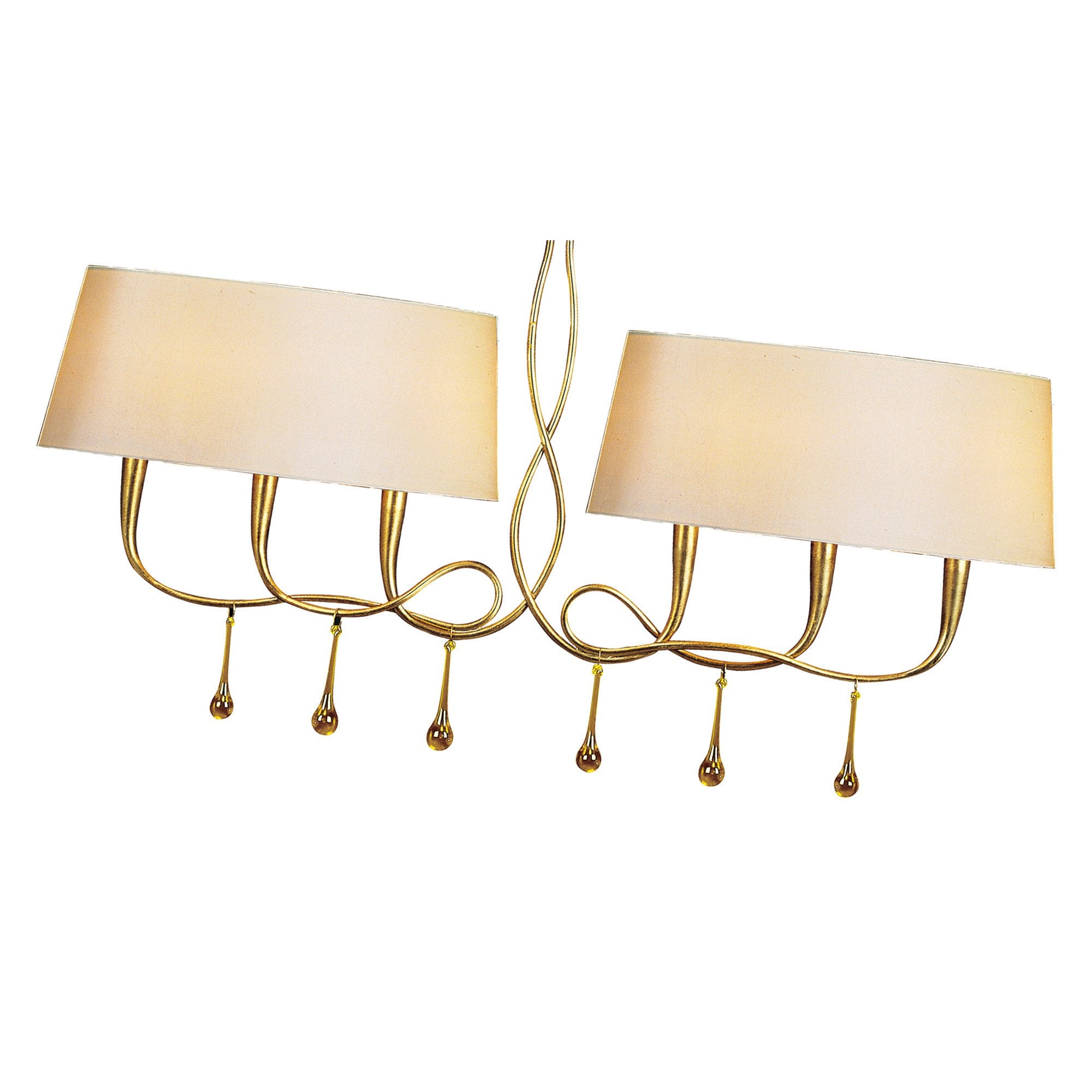 M0541 Paola Linear Pendant 2 Arm 6 Light E14 Gold Painted Cream Shades & Amber Glass Droplets