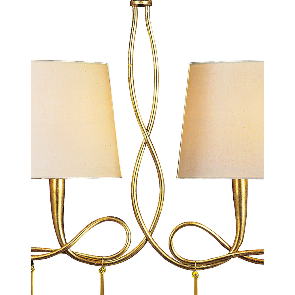 M0541 Paola Linear Pendant 2 Arm 6 Light E14 Gold Painted Cream Shades & Amber Glass Droplets