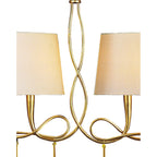 M0541 Paola Linear Pendant 2 Arm 6 Light E14 Gold Painted Cream Shades & Amber Glass Droplets