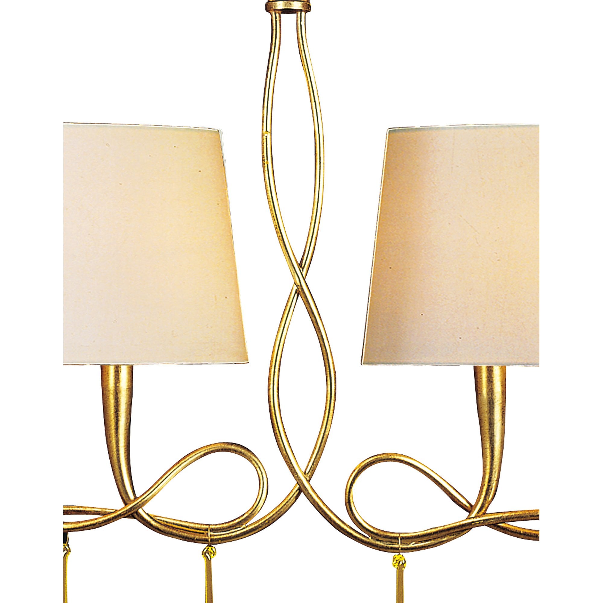 M0541 Paola Linear Pendant 2 Arm 6 Light E14 Gold Painted Cream Shades & Amber Glass Droplets