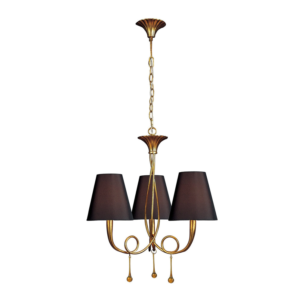 M0542/BS Paola Pendant 3 Light E14 Gold Painted Black Shades & Amber Glass Droplets