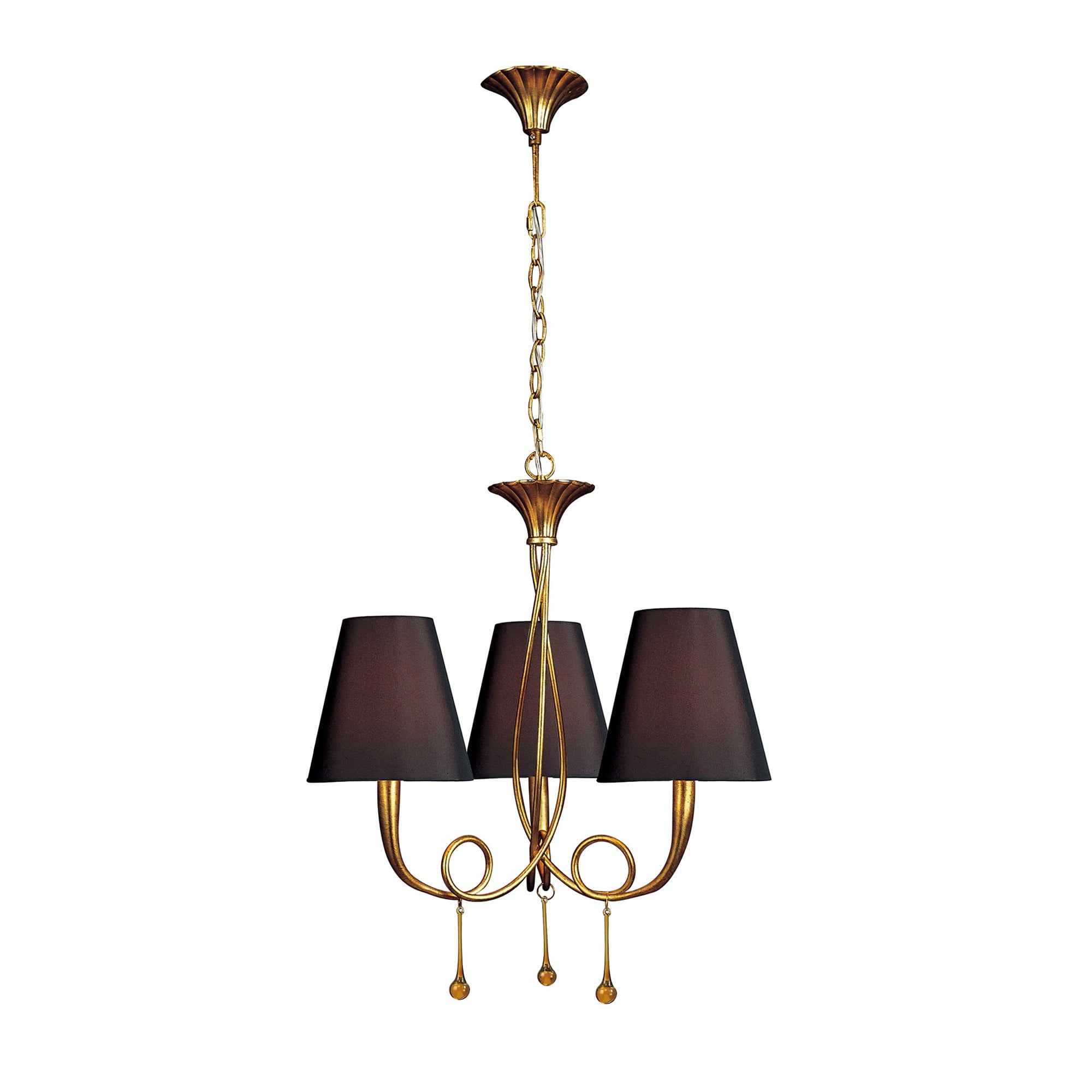 M0542/BS Paola Pendant 3 Light E14 Gold Painted Black Shades & Amber Glass Droplets