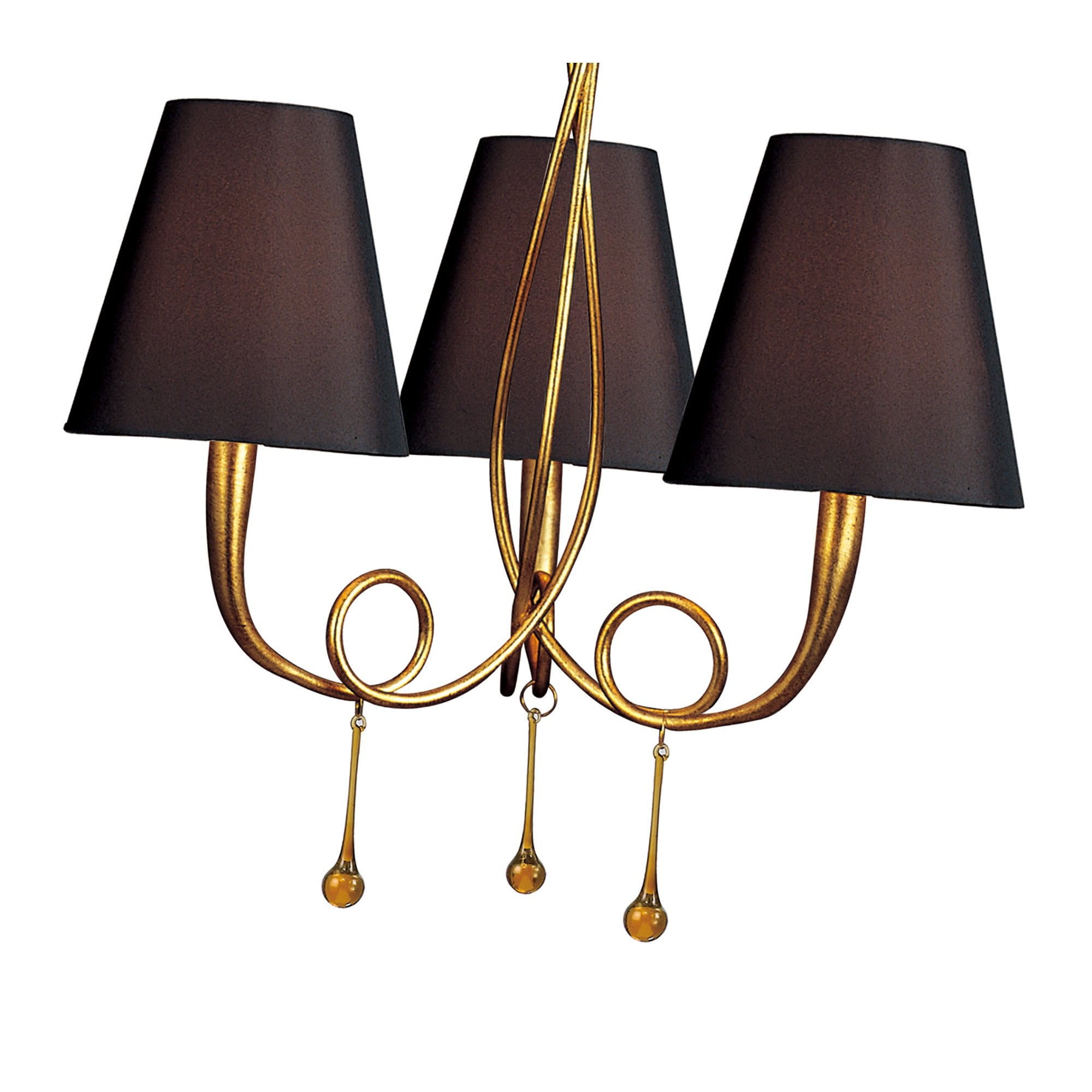 M0542/BS Paola Pendant 3 Light E14 Gold Painted Black Shades & Amber Glass Droplets