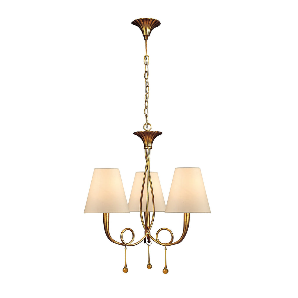 M0542 Paola Pendant 3 Light E14 Gold Painted Cream Shades & Amber Glass Droplets