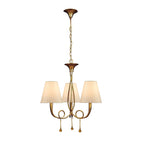 M0542 Paola Pendant 3 Light E14 Gold Painted Cream Shades & Amber Glass Droplets
