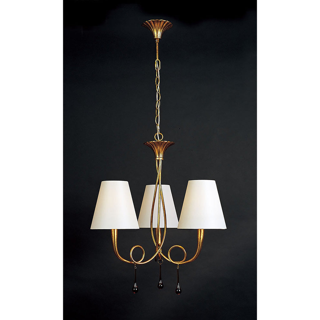 M0542 Paola Pendant 3 Light E14 Gold Painted Cream Shades & Amber Glass Droplets