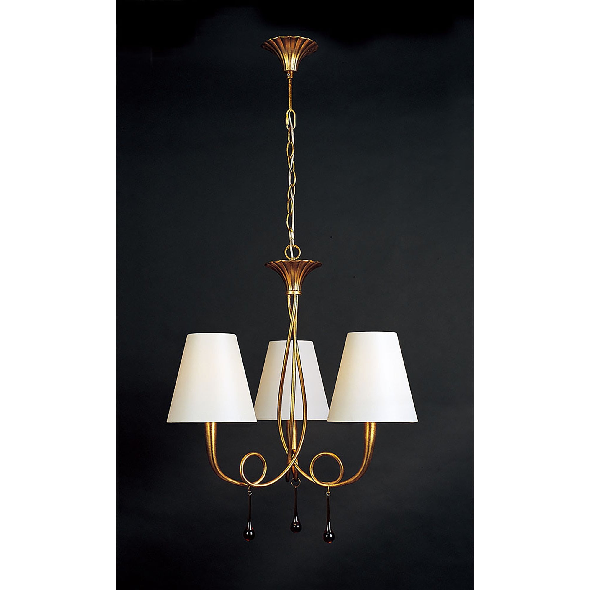 M0542 Paola Pendant 3 Light E14 Gold Painted Cream Shades & Amber Glass Droplets