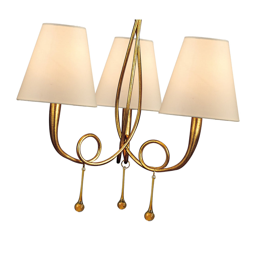 M0542 Paola Pendant 3 Light E14 Gold Painted Cream Shades & Amber Glass Droplets