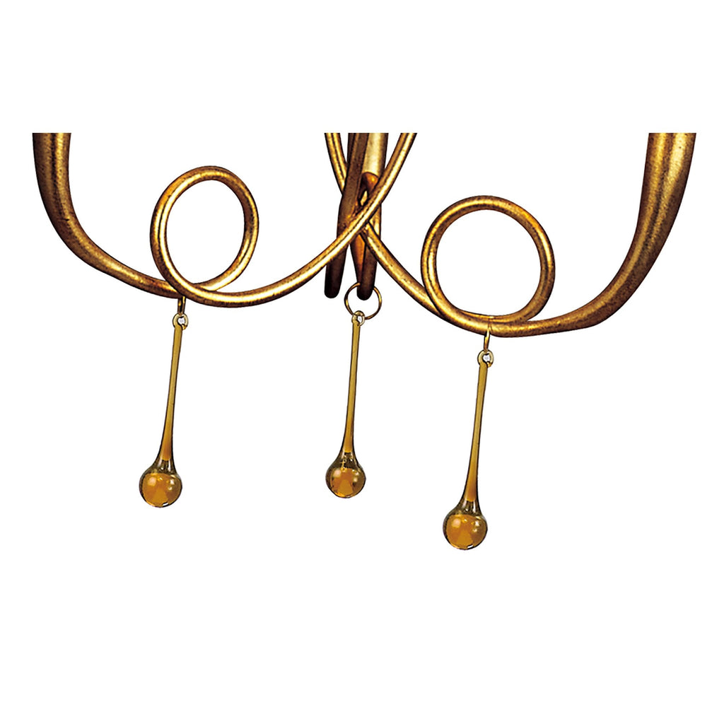 M0542 Paola Pendant 3 Light E14 Gold Painted Cream Shades & Amber Glass Droplets
