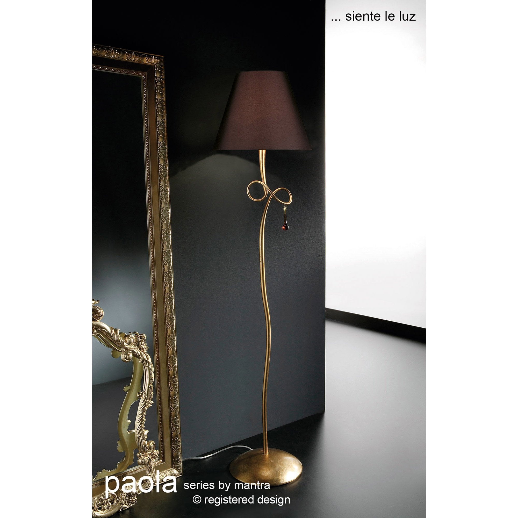 M0543/BS Paola Floor Lamp 1 Light E27 Gold Painted Black Shade & Amber Glass Droplets