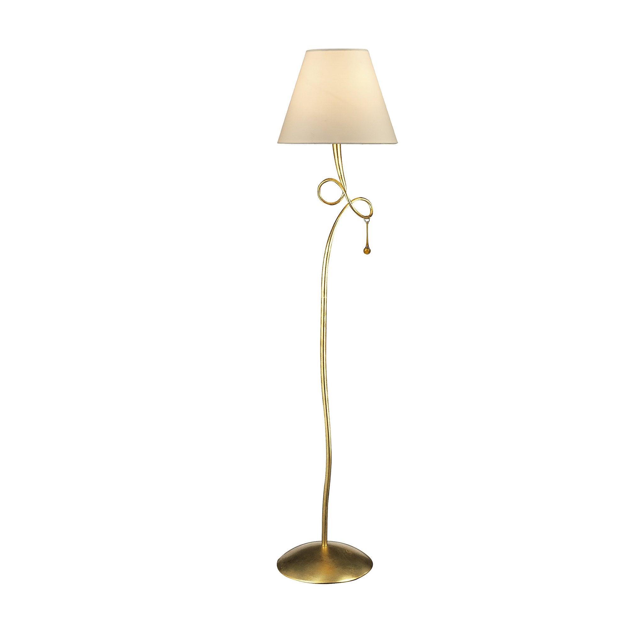 Paola Floor  Lamp 1 Light E27 Gold Painted Cream Shade & Amber Glass Droplets