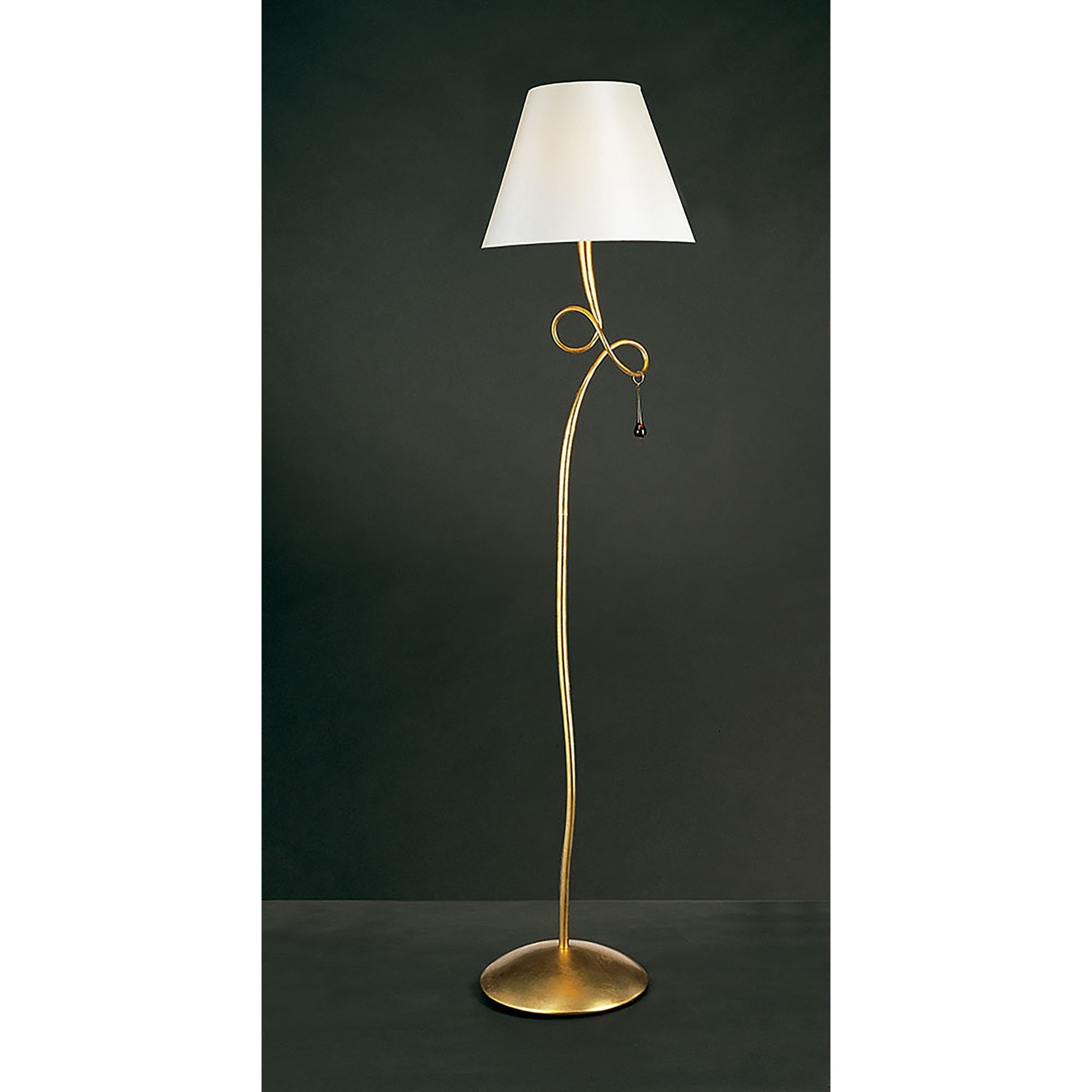 Paola Floor  Lamp 1 Light E27 Gold Painted Cream Shade & Amber Glass Droplets