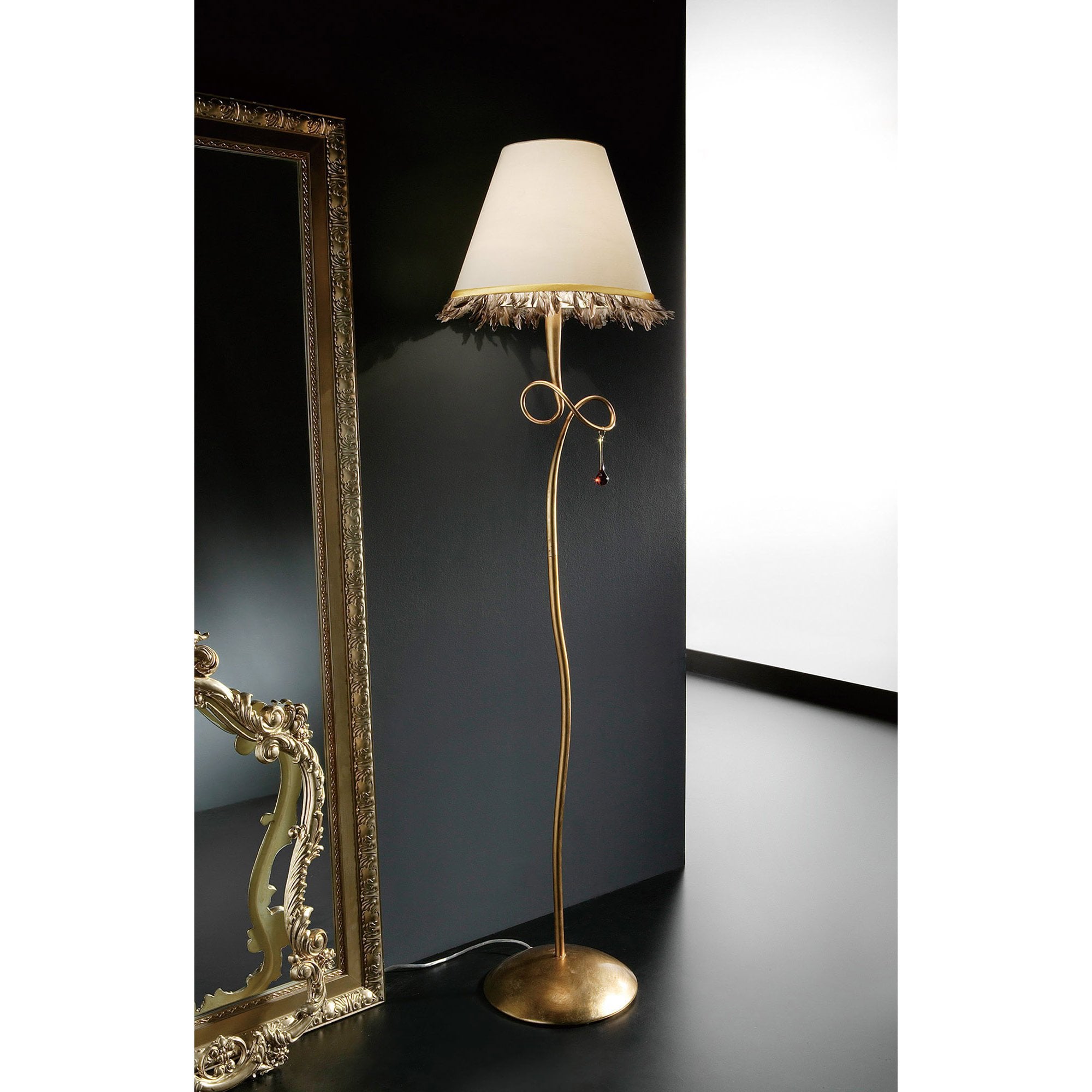 Paola Floor  Lamp 1 Light E27 Gold Painted Cream Shade & Amber Glass Droplets