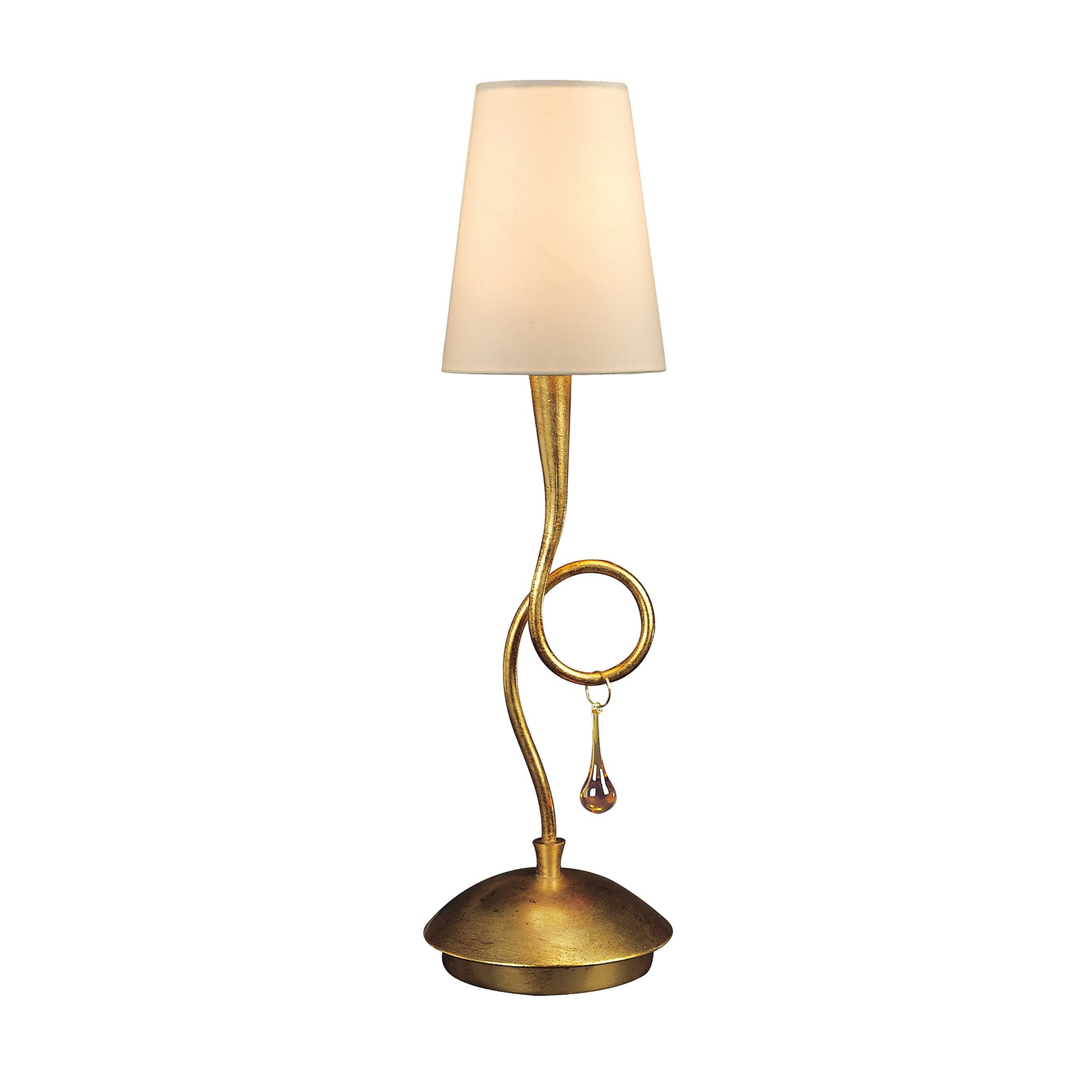 M0545 Paola Table Lamp 1 Light E14 Gold Painted Cream Shade & Amber Glass Droplets