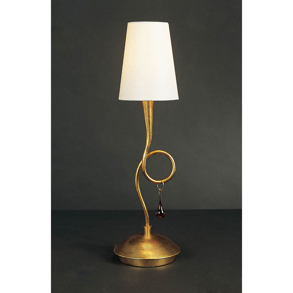 M0545 Paola Table Lamp 1 Light E14 Gold Painted Cream Shade & Amber Glass Droplets