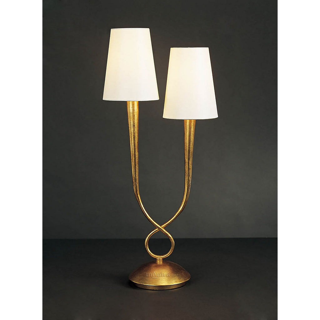 M0546 Paola Table Lamp 2 Light E14 Gold Painted Cream Shades