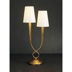 M0546 Paola Table Lamp 2 Light E14 Gold Painted Cream Shades