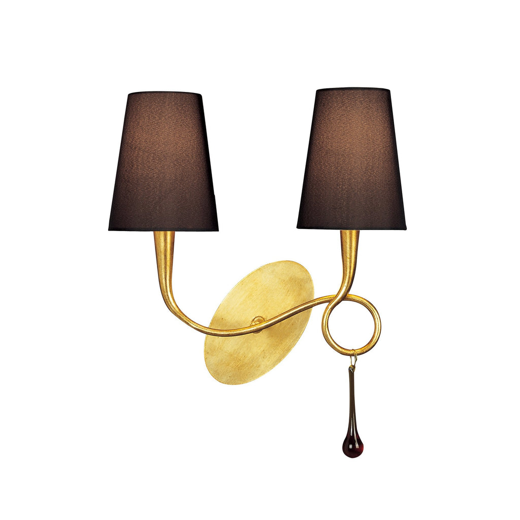 M0547/S/BS Paola Wall Lamp Switched 2 Light E14 Gold Painted Black Shades & Amber Glass Droplets