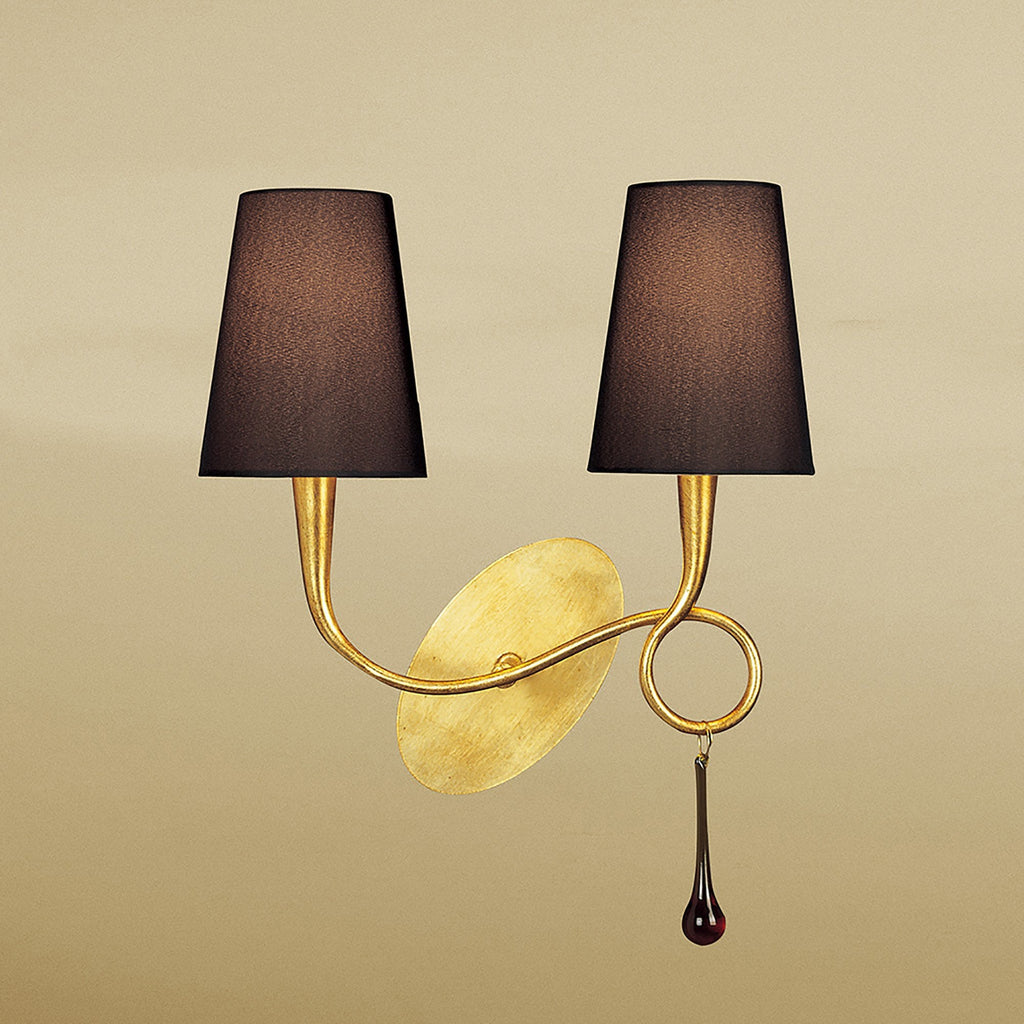M0547/S/BS Paola Wall Lamp Switched 2 Light E14 Gold Painted Black Shades & Amber Glass Droplets