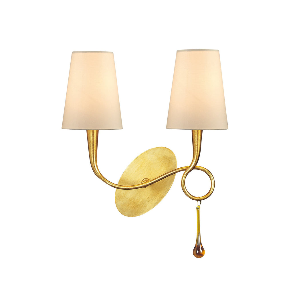 M0547/S Paola Wall Lamp Switched 2 Light E14 Gold Painted Cream Shades & Amber Glass Droplets