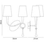 M0547/S Paola Wall Lamp Switched 2 Light E14 Gold Painted Cream Shades & Amber Glass Droplets
