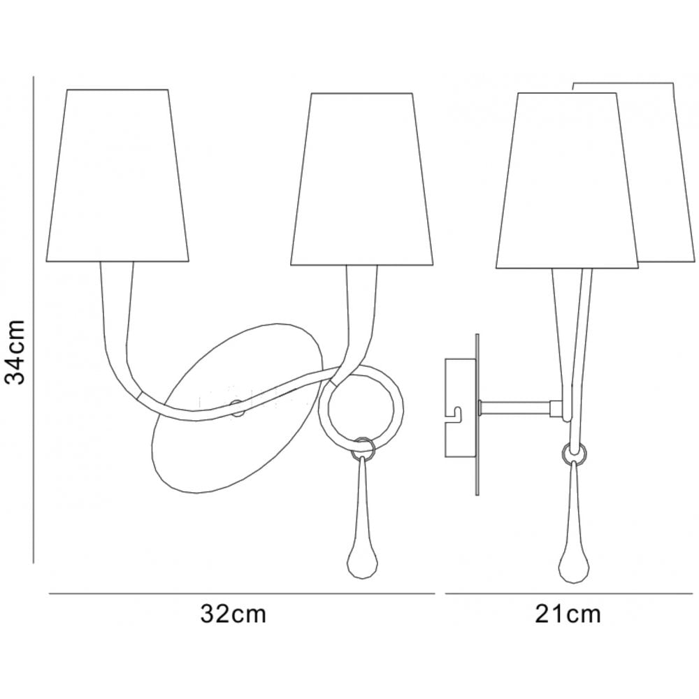 M0547/S Paola Wall Lamp Switched 2 Light E14 Gold Painted Cream Shades & Amber Glass Droplets