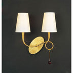 M0547/S Paola Wall Lamp Switched 2 Light E14 Gold Painted Cream Shades & Amber Glass Droplets