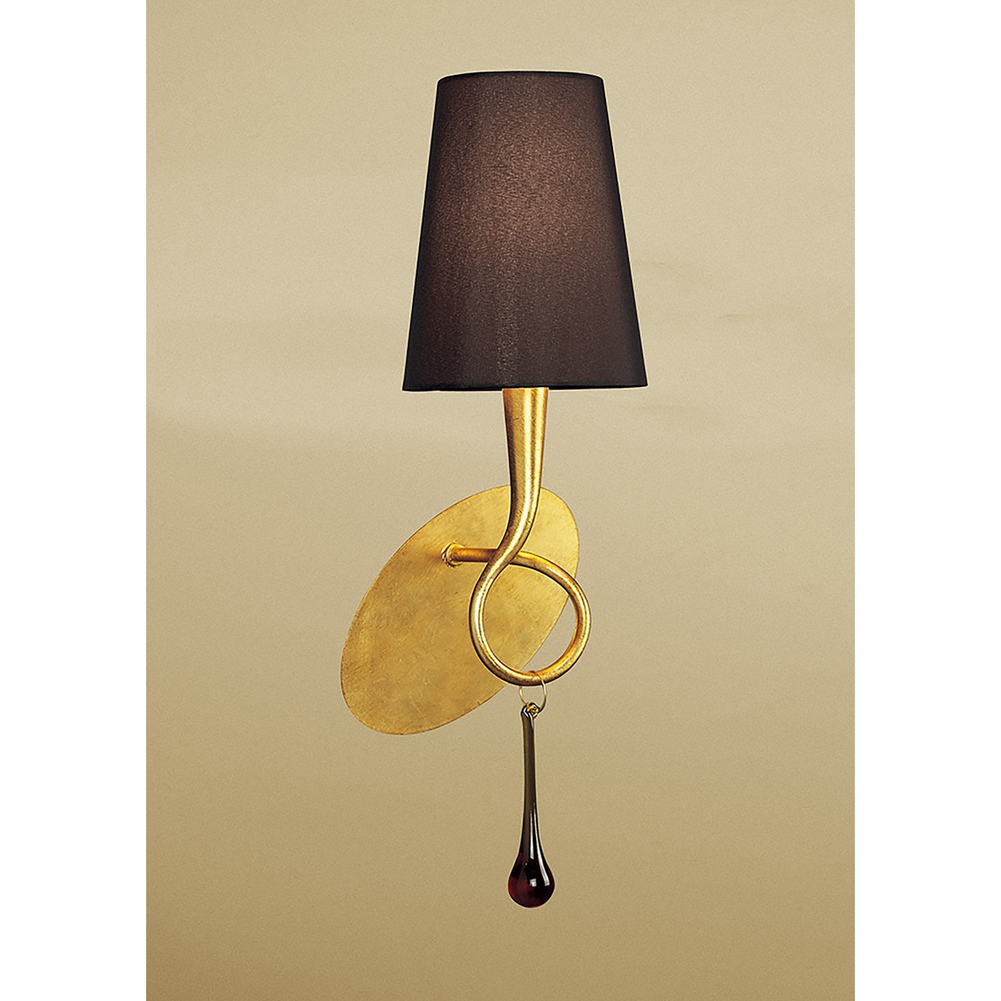 M0548/S/BS Paola Wall Lamp Switched 1 Light E14 Gold Painted Black Shade & Amber Glass Droplets