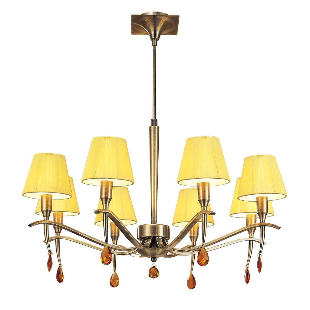 M0341AB Siena Pendant Round 8 Light E14 Antique Brass Amber Cream Shades And Amber Crystal