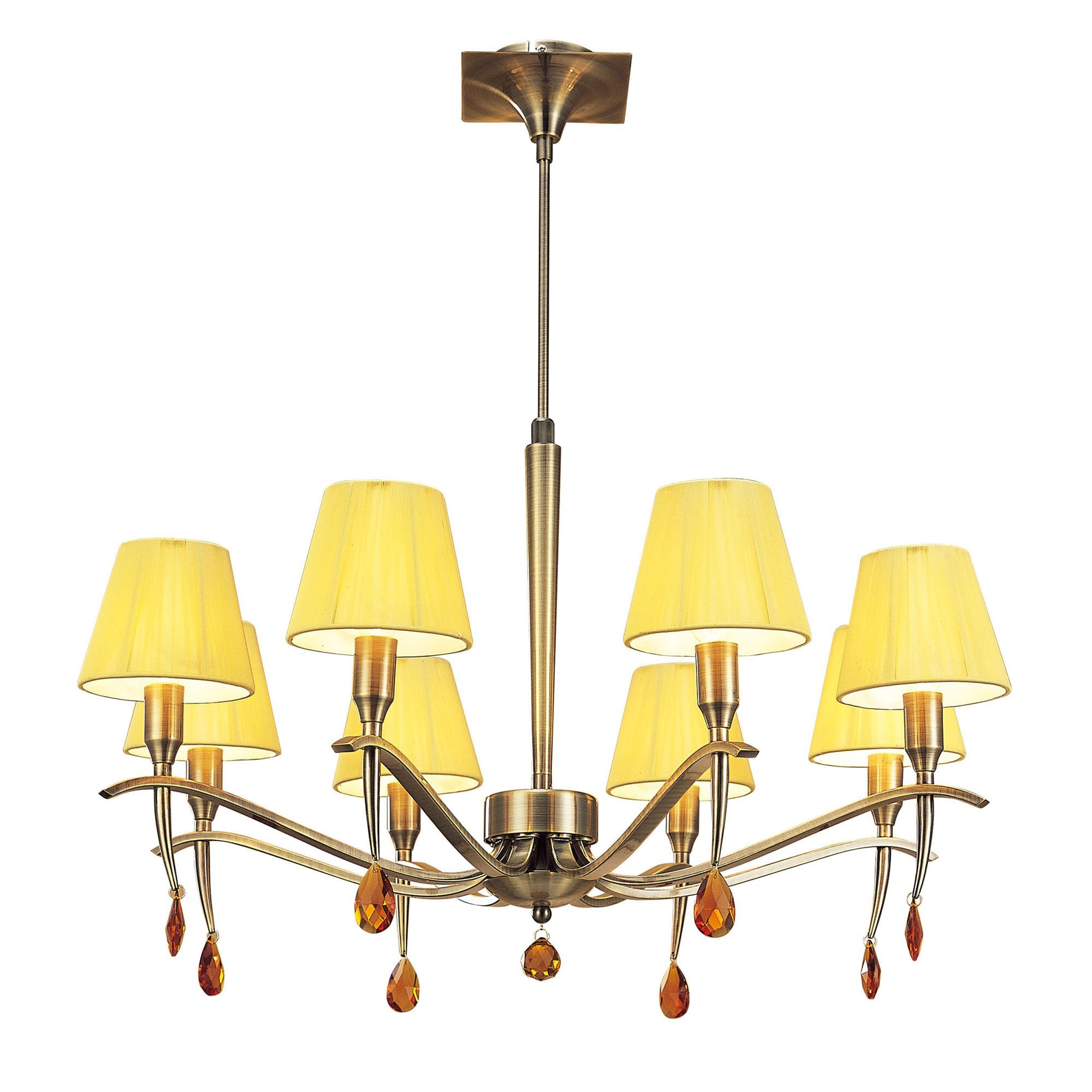 M0341AB Siena Pendant Round 8 Light E14 Antique Brass Amber Cream Shades And Amber Crystal