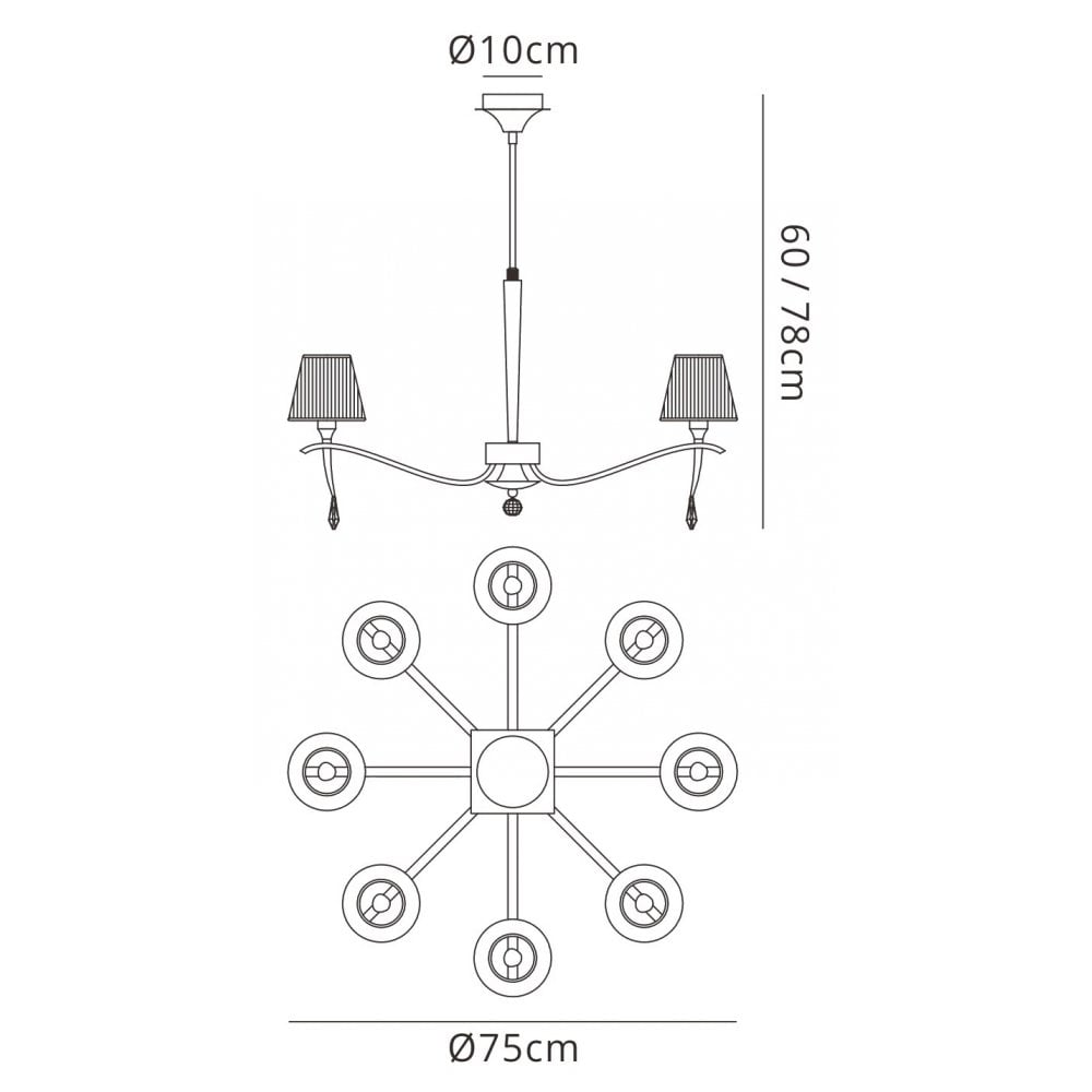 M0341AB Siena Pendant Round 8 Light E14 Antique Brass Amber Cream Shades And Amber Crystal