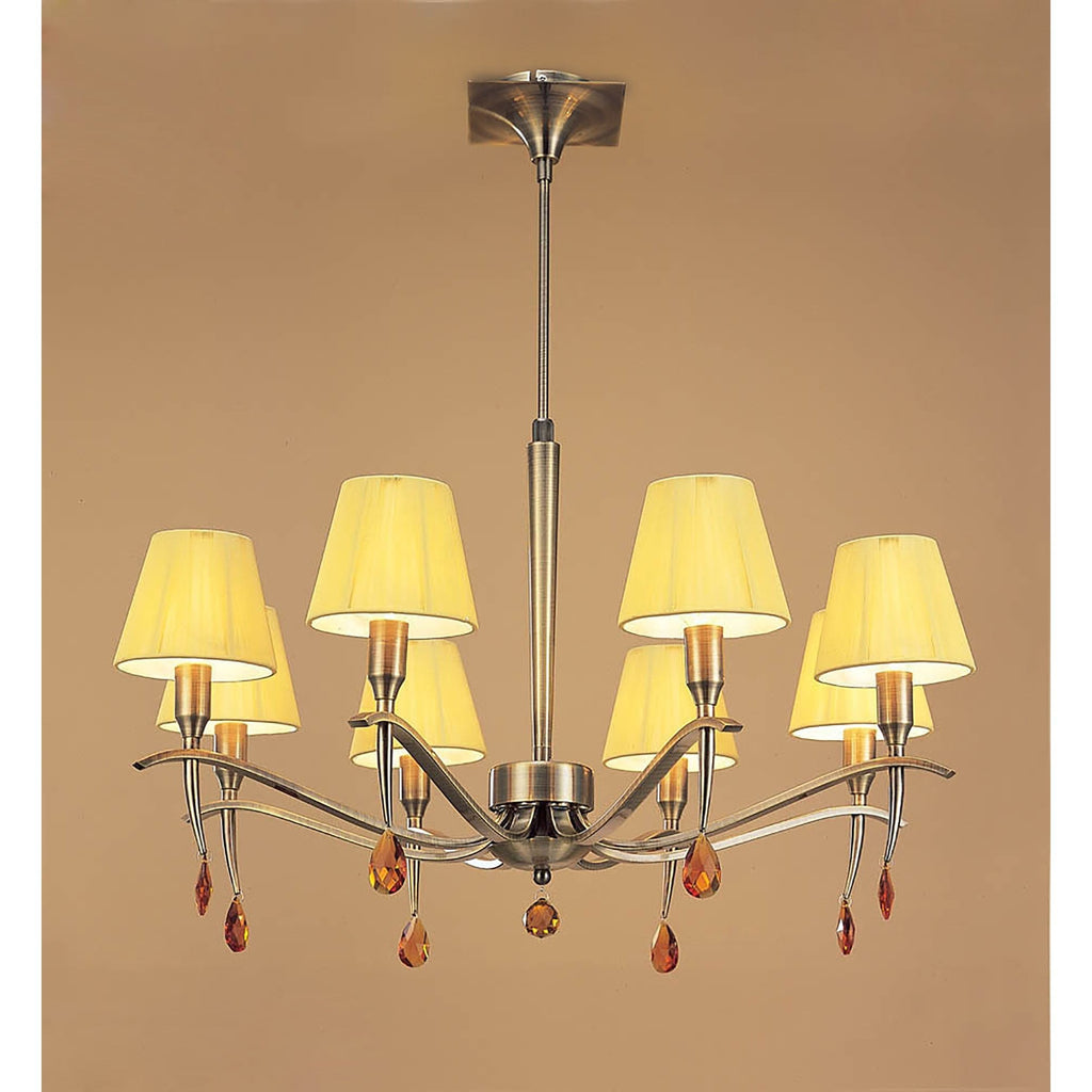 M0341AB Siena Pendant Round 8 Light E14 Antique Brass Amber Cream Shades And Amber Crystal