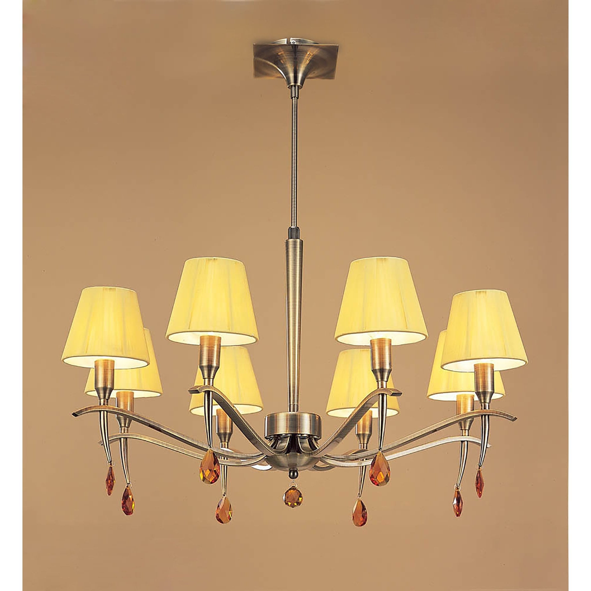 M0341AB Siena Pendant Round 8 Light E14 Antique Brass Amber Cream Shades And Amber Crystal