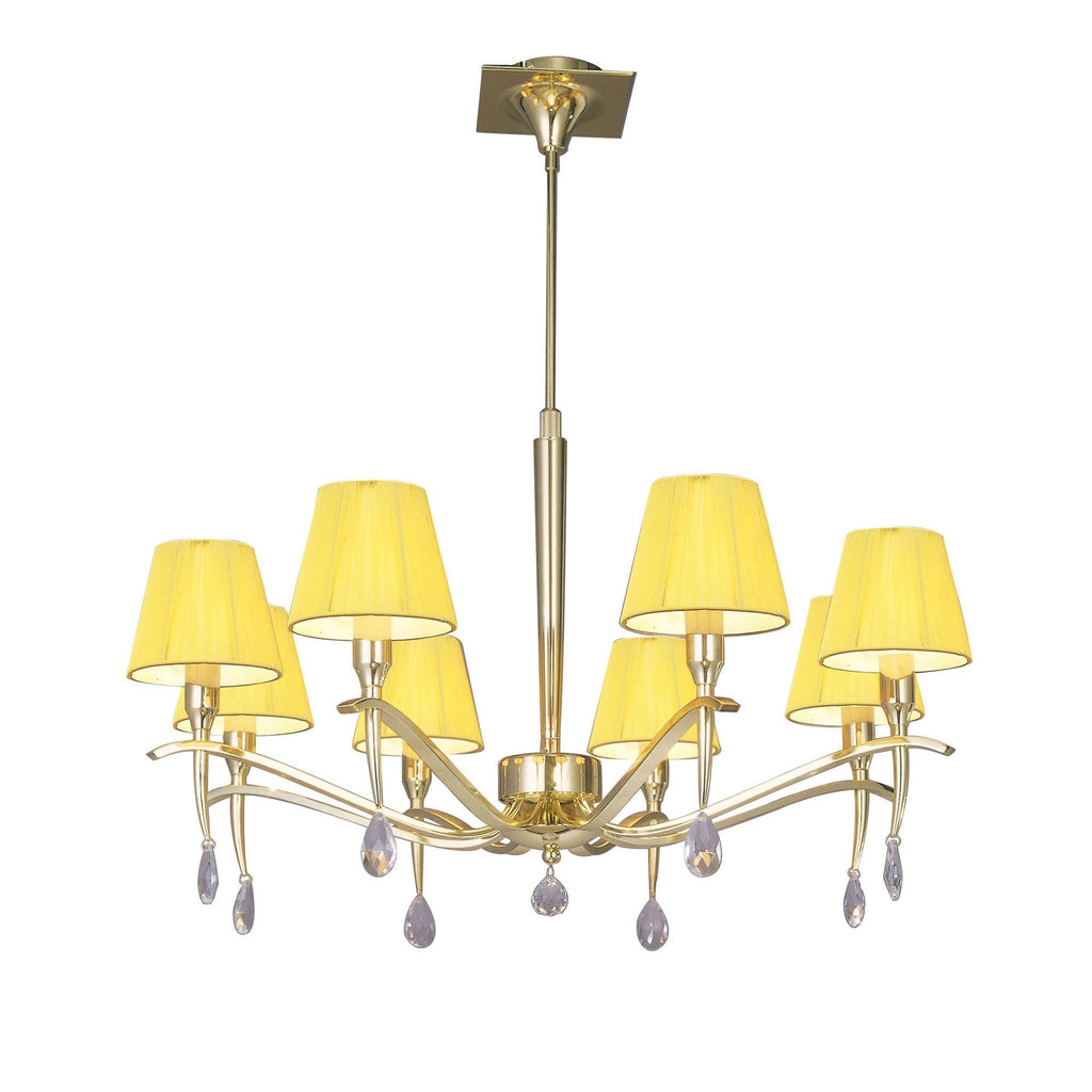 M0341PB Siena Pendant Round 8 Light E14 Polished Brass Amber Cream Shades And Clear Crystal