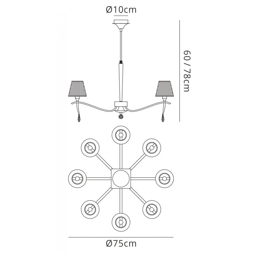 M0341PB Siena Pendant Round 8 Light E14 Polished Brass Amber Cream Shades And Clear Crystal