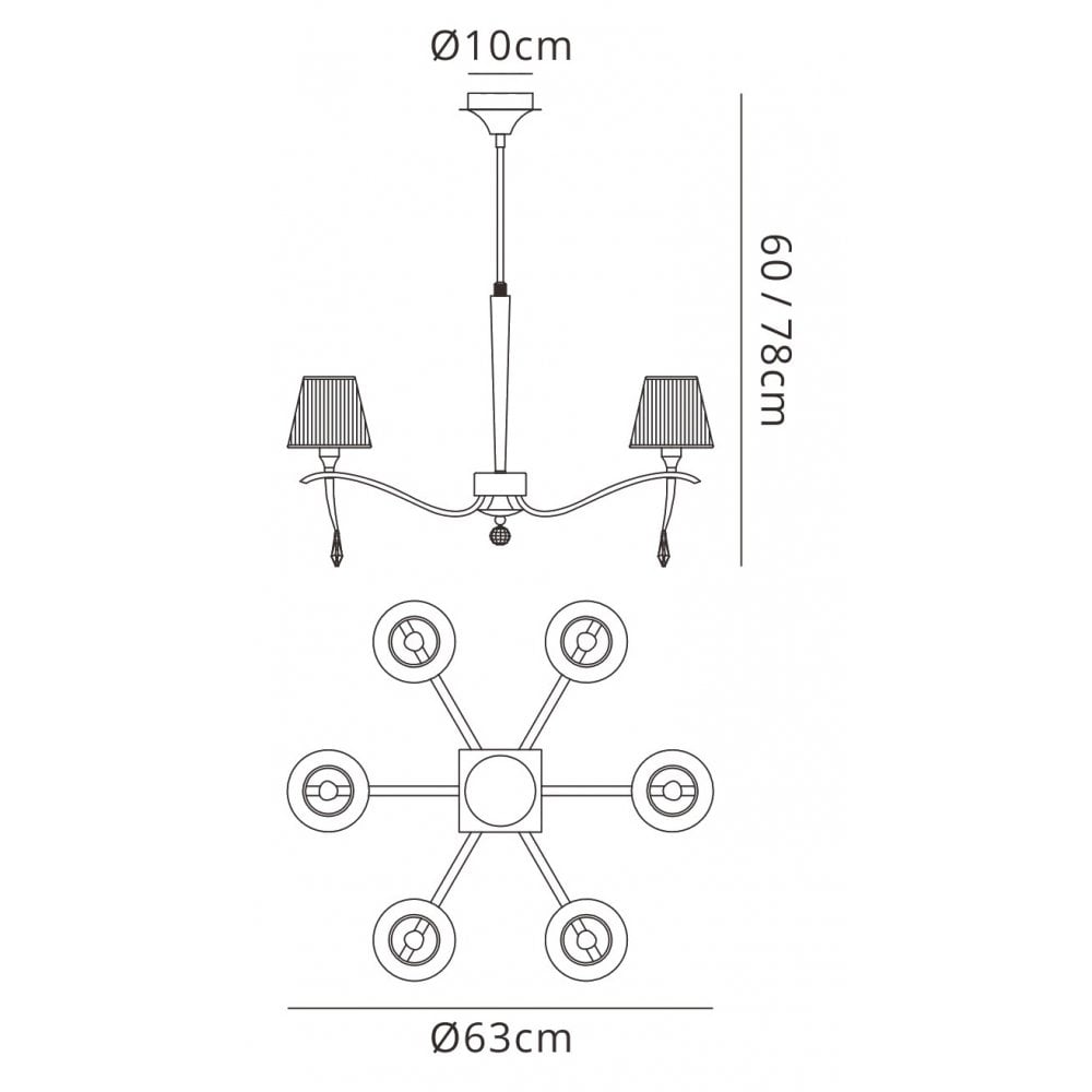 M0342 Siena Pendant Round 6 Light E14 Polished Chrome Black Shades And Black Crystal