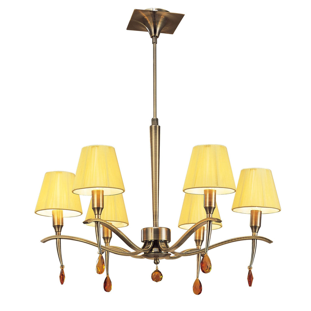 M0342AB Siena Pendant Round 6 Light E14 Antique Brass Amber Cream Shades And Amber Crystal